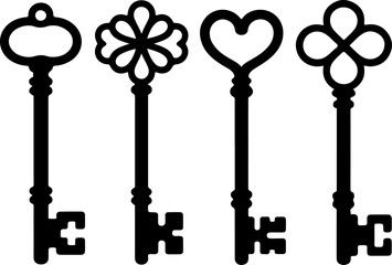 black silhouette illustration of four vintage skeleton keys