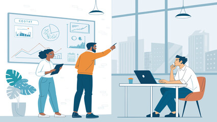 Dynamic team meeting in a modern office. Colleagues discuss data on a whiteboard, strategizing with a city view. Perfect for business collaboration and planning.