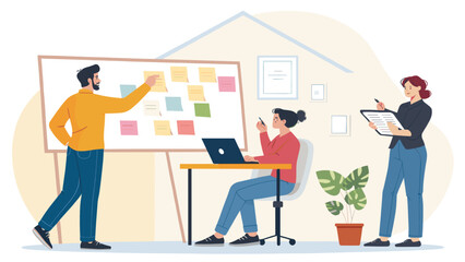Dynamic team collaboration. Professionals plan and organize tasks with sticky notes on a whiteboard, while a colleague works on a laptop, ideal for business concepts.