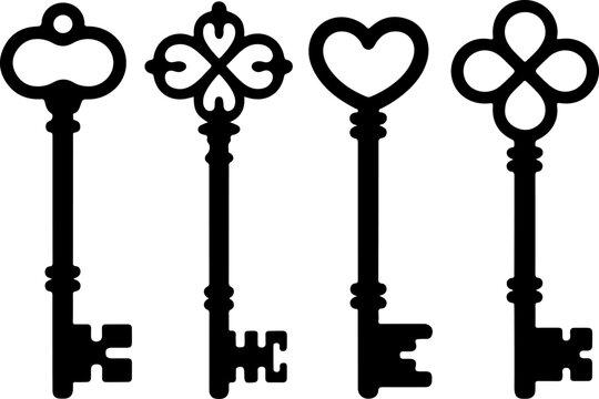 black silhouette illustration of four vintage skeleton keys