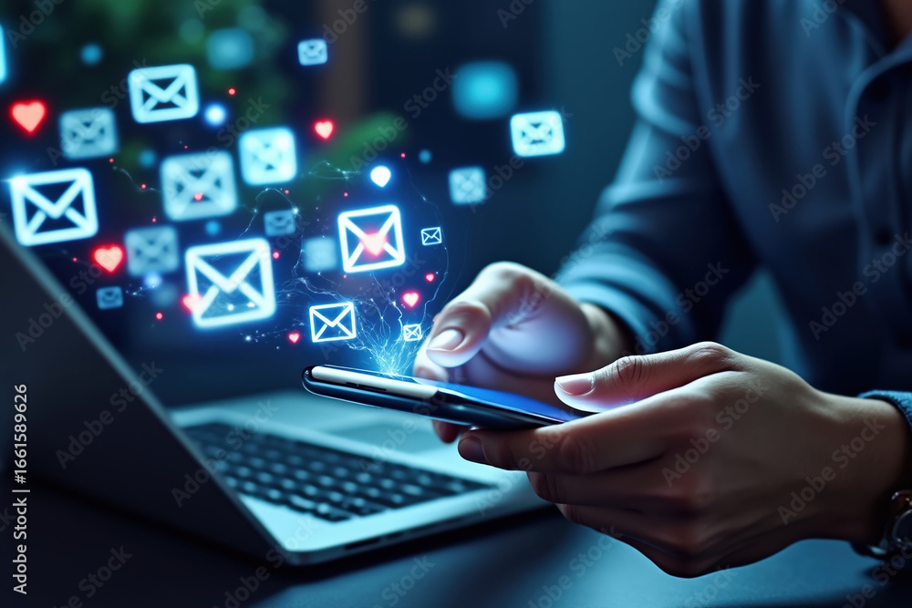 Poster digital communication a person interacts with email on a smartphone with low feedback and a laptop i