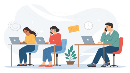 Diverse professionals working efficiently on laptops and communicating in a modern office environment. Ideal for business, teamwork, and remote work concepts.