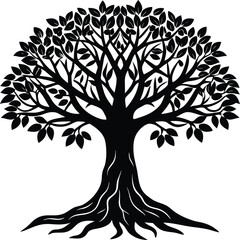 Obraz premium Detailed Tree with Roots and Leaves Vector Illustration Silhouette
