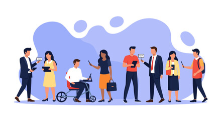 Diverse business professionals utilize modern technology for communication and collaboration, representing teamwork, digital connectivity, and inclusion.