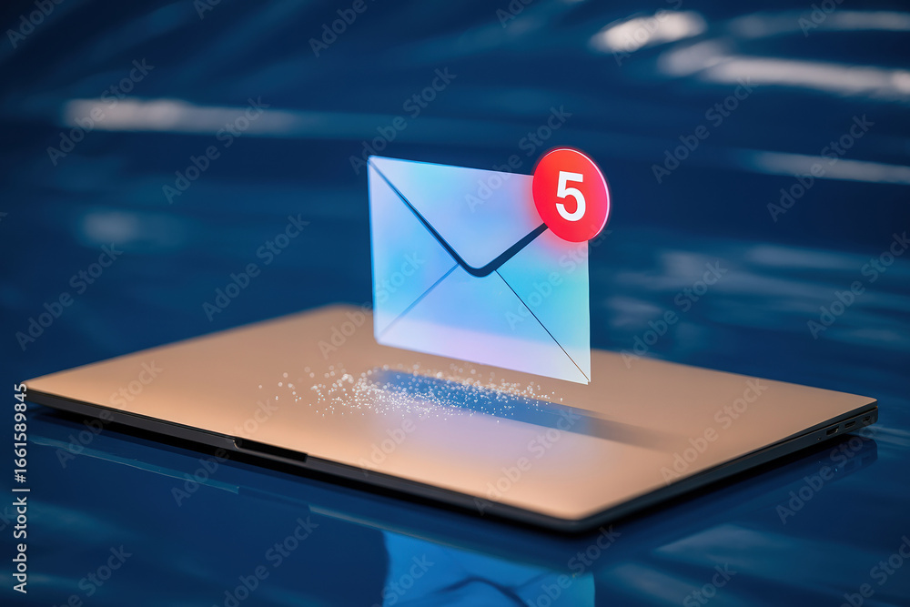 Poster digital communication concept laptop displaying email notification with low feedback count modern te