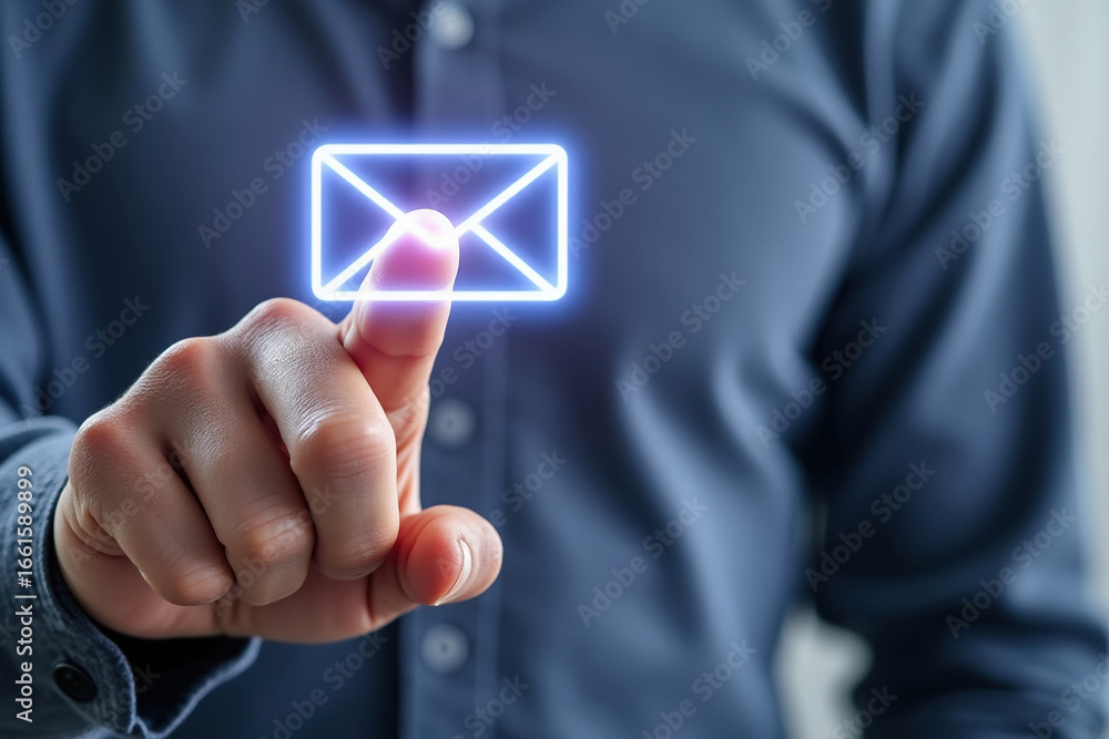 Poster digital communication concept man touching glowing email icon on screen with low feedback, modern te