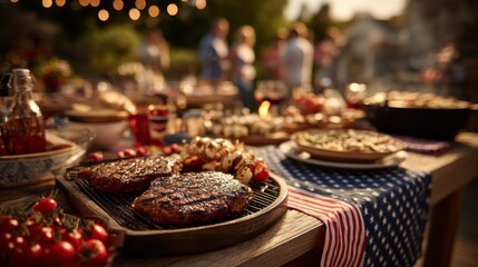 Barbecue party with grilled food in backyard with American flags. 4th of July, Labor Day, USA Independence Day