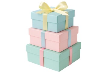 Obraz premium Pastel colored gift boxes with ribbons stacked on a white background, creating a festive and celebratory atmosphere