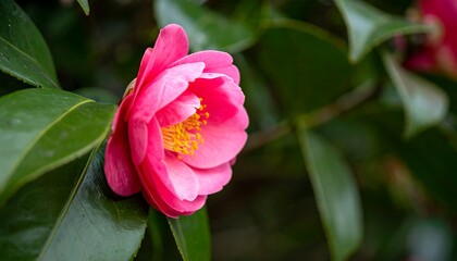 Vibrant pink camellia in full bloom with lush green leaves background