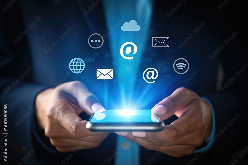 Poster digital communication hub mobile phone displaying email and cloud icons with low feedback for seamle