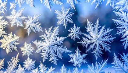 Macro view of beautiful winter snowflake ice crystal frost pattern on cold blue background. delicate design creates serene and magical feeling of season