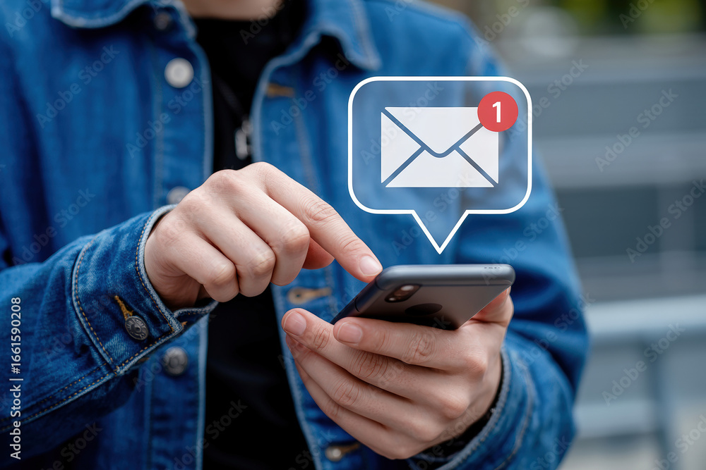 Poster digital connectivity a person interacts with email on a smartphone with low feedback and a notificat