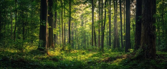 Fototapeta premium The serene forest bathed in gentle sunlight offers a tranquil escape into nature.