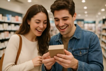 Fototapeta premium Cheerful couple enjoying shopping together, holding and looking at a small box while laughing in a store