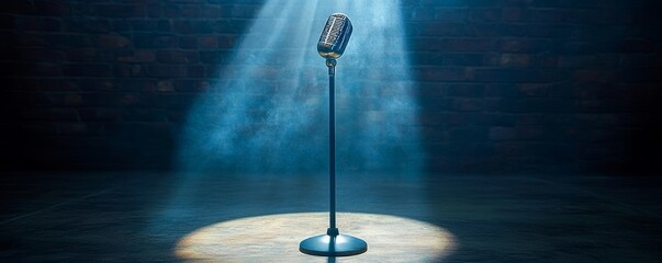 single microphone on a stand highlighted by a spotlight against a blurred auditorium background, symbolizing leadership and public speaking, Generative AI