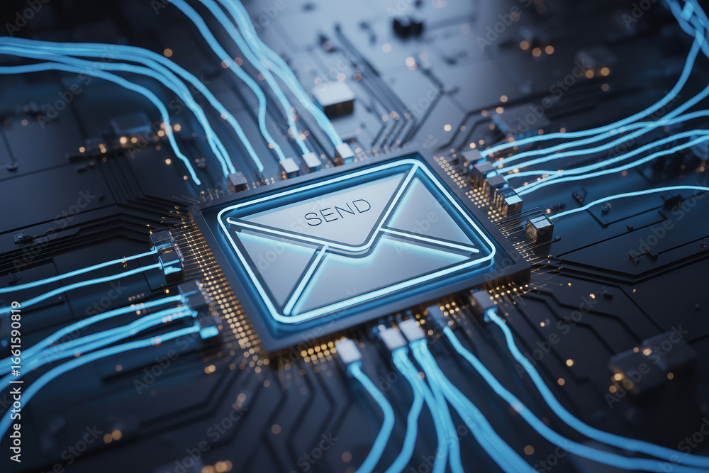 Poster digital email sending concept with low feedback electronic circuit board and glowing envelope icon f