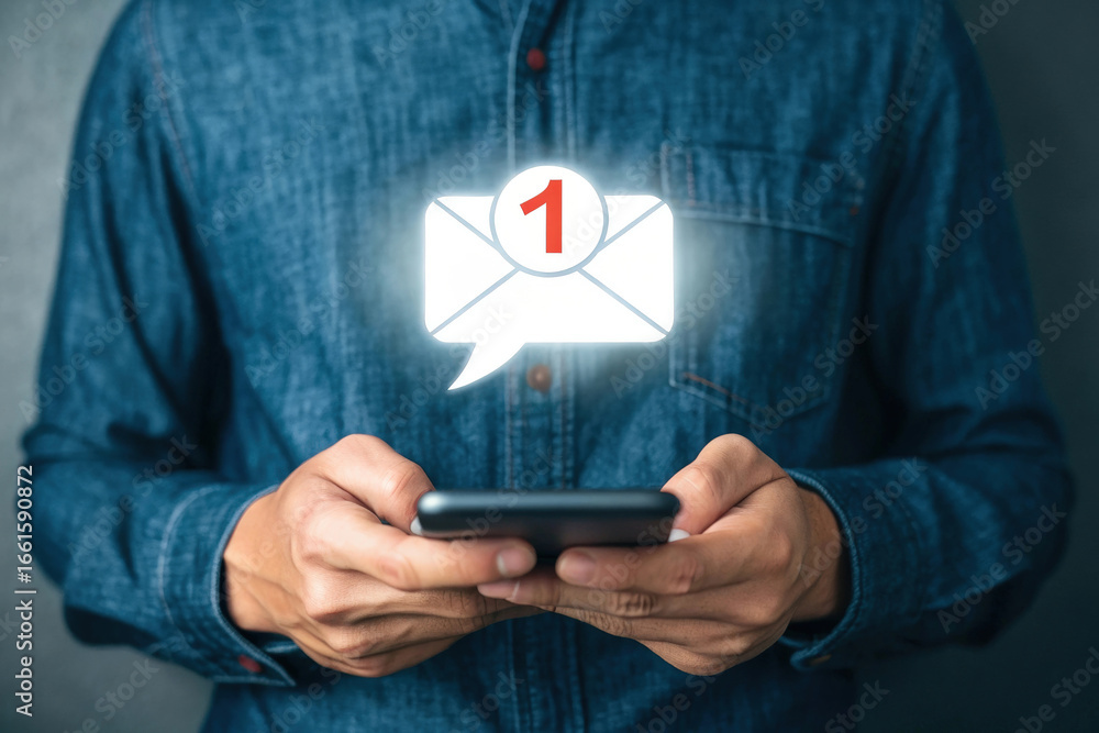Poster digital engagement a man's interaction with a mobile email notification symbolizing low feedback and