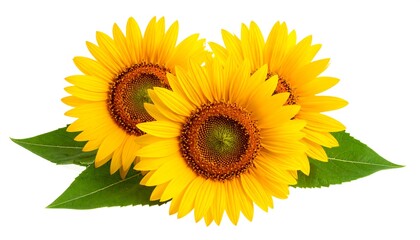 Obraz premium Three Vibrant Yellow Sunflowers with Green Leaves on a White Background.