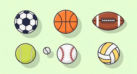 Obraz premium Colorful Sports Balls Collection: Soccer, Basketball, Football, Tennis, Baseball, Volleyball.
