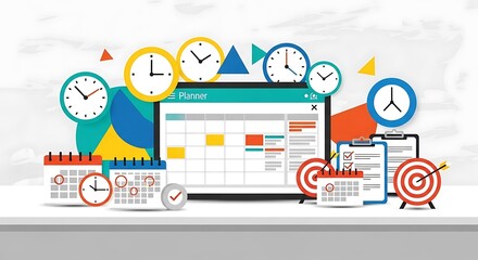 Obraz premium Colorful Time Management Illustration with Planner, Clocks, Calendars, and Targets