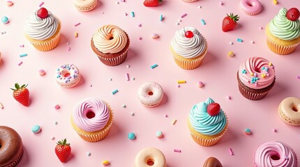 A fun, repetitive pattern of assorted desserts 3d render