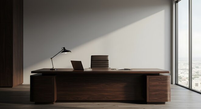 Modern office interior with a large desk, computer, and a blank white wall for display.