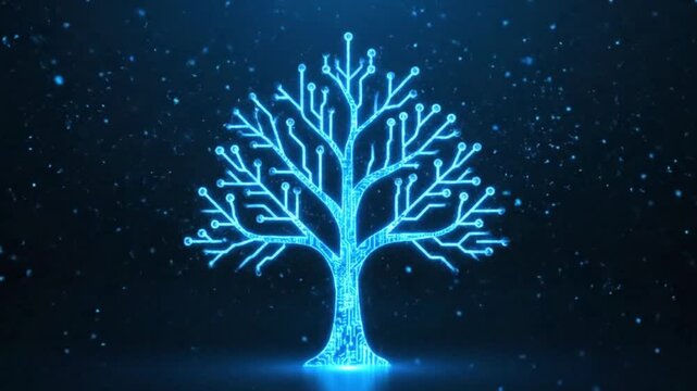 A glowing blue circuit board tree against a dark background, suggesting technology.