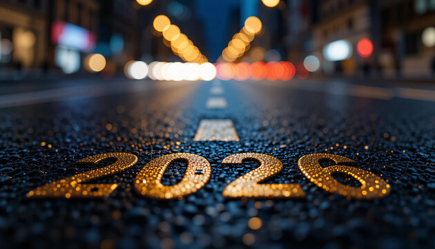 Golden 2026 numbers glowing on wet asphalt city street at night, symbolizing future goals, festive celebration, success, hope, opportunity