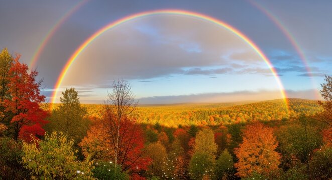 Photo of a vibrant double rainbow arches across a cloudy sky over a forest ablaze with autumn colors, creating a breathtaking natural spectacle of light and color