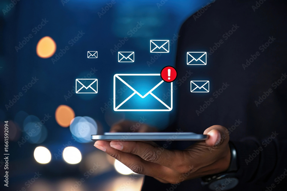 Poster email alert notification on tablet with exclamation point, low feedback important message for urgent