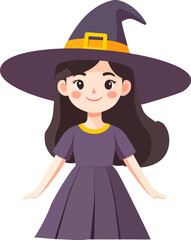 A young witch girl stands cheerfully, dressed in a purple gown and a wide-brimmed hat. Her long hair flows gracefully, adding charm to her enchanting appearance during a magical celebration.
