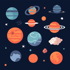 A vibrant collection of planets orbiting in a dark space backdrop, featuring unique colors and textures, surrounded by stars and cosmic dust. Each planet has distinct characteristics.