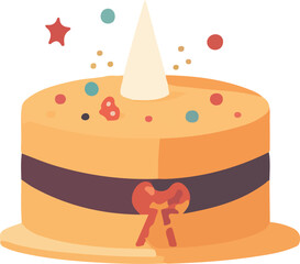 A vibrant celebration cake features a pointed cone hat surrounded by colorful sprinkles, creating a festive atmosphere perfect for parties and special occasions.
