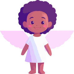 A joyful girl with curly hair stands confidently, wearing a simple white dress and soft pink wings. Her smile radiates happiness, embodying an angelic presence that inspires warmth.