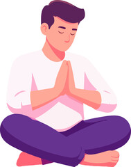 Individual sitting cross-legged with eyes closed and hands clasped in prayer, reflecting in a serene indoor environment. The atmosphere conveys tranquility and contemplation.