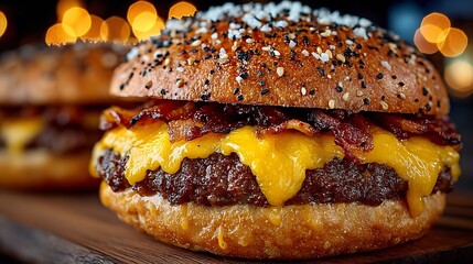 Indulge in a mouthwatering cheeseburger with crispy bacon, perfect for tempting food and restaurant promotions