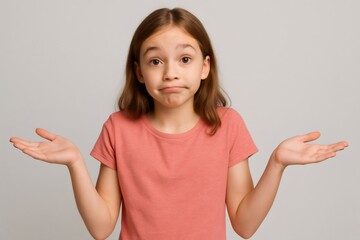 Young girl shrugging shoulders with confused face expression making i don't know gesture against gray background