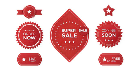 Obraz premium Promotional Badges PNG – Red Marketing Labels for Sale, Delivery, Price, and Offers set