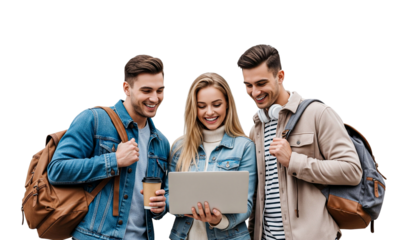 group of students with laptop isolated on white