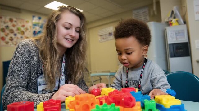 Child development specialist records observations while a youngster manipulates playset items focusing on nonverbal expressions and problemsolving skills in a supportive session.