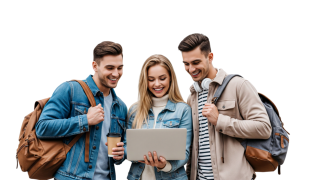 group of students with laptop isolated on white