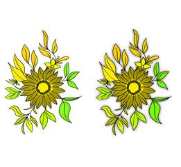 Beautiful yellow sunflowers blossom with green leaves, a bright floral illustration perfect for summer agriculture and garden designs