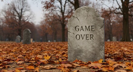 A 'Game Over' tombstone surrounded by autumn leaves in a peaceful scene.