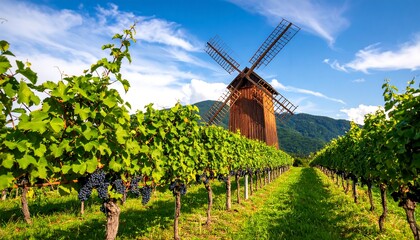 Vineyard landscape featuring a vintage windmill on a beautiful sunny day scenic