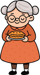 Grandmother with gray hair and glasses holding homemade pie, elderly woman character in warm dress, sweet bakery, family love, cozy lifestyle, traditional cooking and happy grandma concept