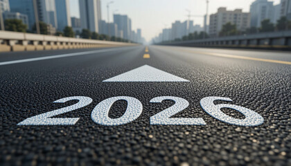 2026 city road arrow forward direction symbolizing future progress, business growth, opportunity, success, urban journey, leadership, achievement