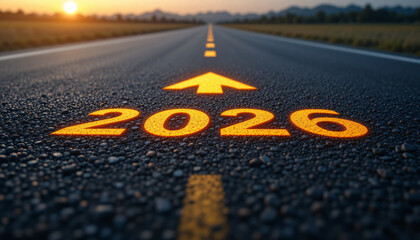 2026 golden arrow road marking symbolizing new year journey, future progress, success, leadership, direction, achievement, vision, growth, opportunity