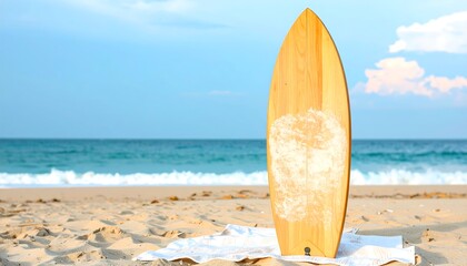 Wooden surfboard on sandy beach near ocean