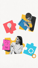 Contemporary collage with business team with puzzle icons representing lightbulb, question mark and...