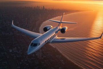 private white luxury jet flying at sunset over a big city, offering a glimpse of high-end travel and luxury, Generative AI